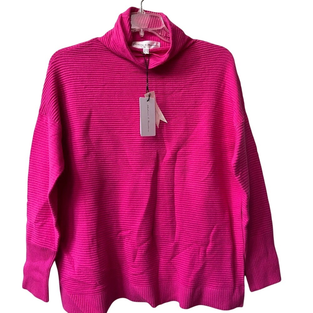 Chelsea & Theodore Cowl Mock Neck Ribbed Sweater Womens XS Hot Pink NWT